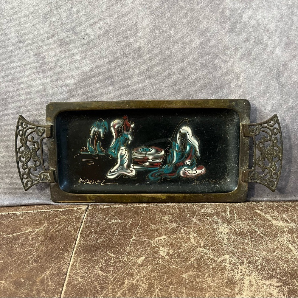 Israel Vintage Brass Enamel Tray Black Gold Hand Painted MCM Filigree Art  Plate